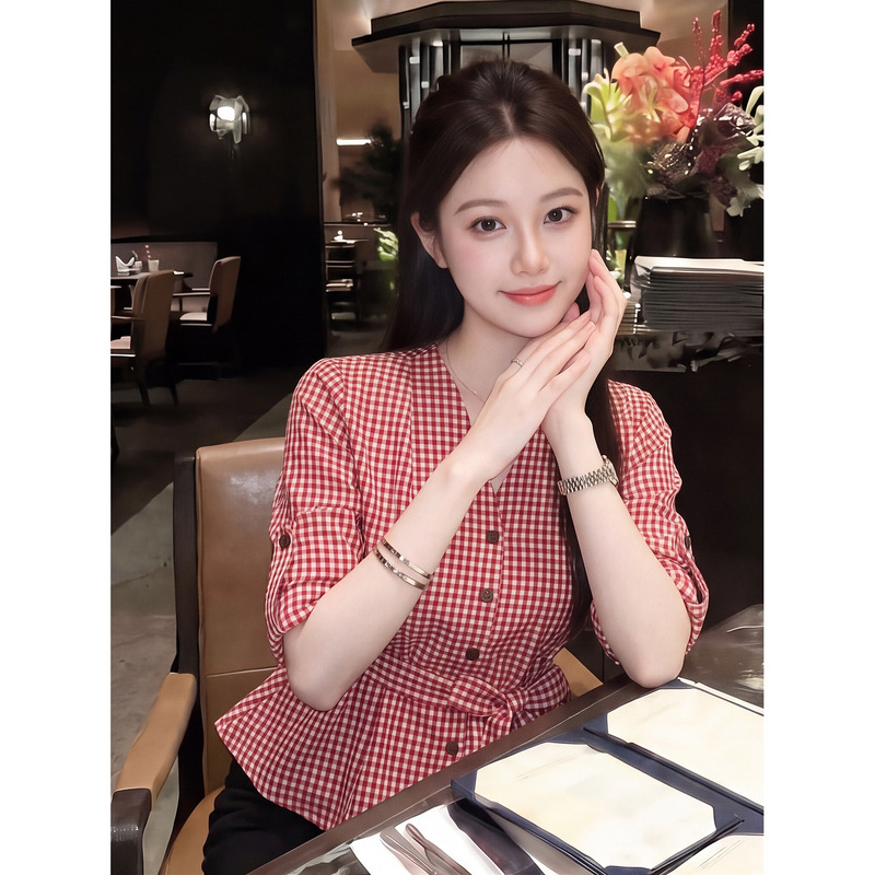 Red Plaid V-Neck Shirt for Women, Summer Korean Style, Bow Design, Versatile Plaid Women's Shirt, Mid-Sleeve Top
