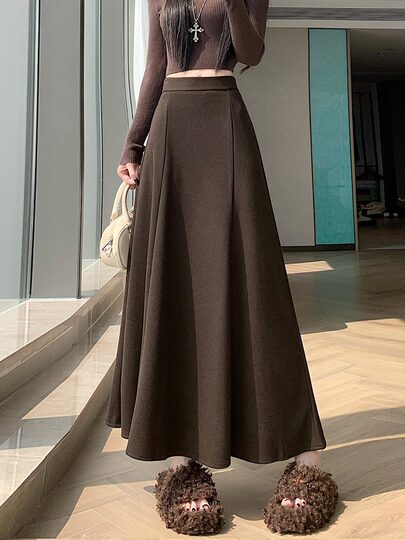 Retro woolen skirt for women in autumn and winter, new style, Korean style, high-waisted, slim, loose, wide-slung, covered A-line long skirt