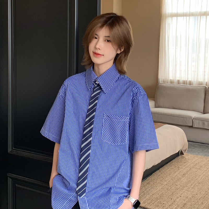 Ja1 Never Stays up Late, American Retro Fake Tie High-End Intellectual Short-Sleeved Shirt, Unisex Plaid Shirt Ja1 Never Stays up Late, American Retro Fake Tie High-End Intellectual Short-Sleeved Shirt, Unisex Plaid Shirt