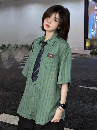 Ja1 Never Stays up Late Japanese Retro Hong Kong Style Striped Shirt Women's Short-Sleeved Youthful Unisex Loose Top Men's