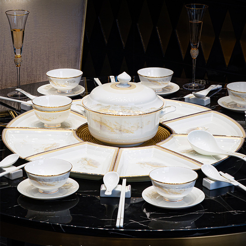 Dahaohe Mountain Platter Tableware Set, Bowls and Plates for Reunion Dinner, Fan-Shaped Round Table, Jingdezhen Wedding and Housewarming Gift