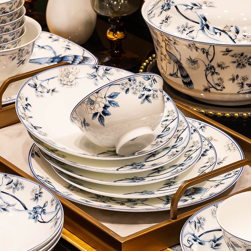 Blue Peacock Chinese-Style Blue and White Porcelain Tableware Set Jingdezhen Ceramic Bowls and Plates for Home Use High-Value Set