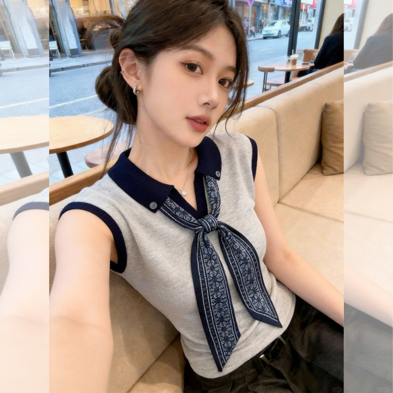 Korean-Style Elegant Silk Scarf Tie Sleeveless Top for Women, Summer Outerwear with a High-End Feel, Extremely Beautiful Knitted Vest T-Shirt