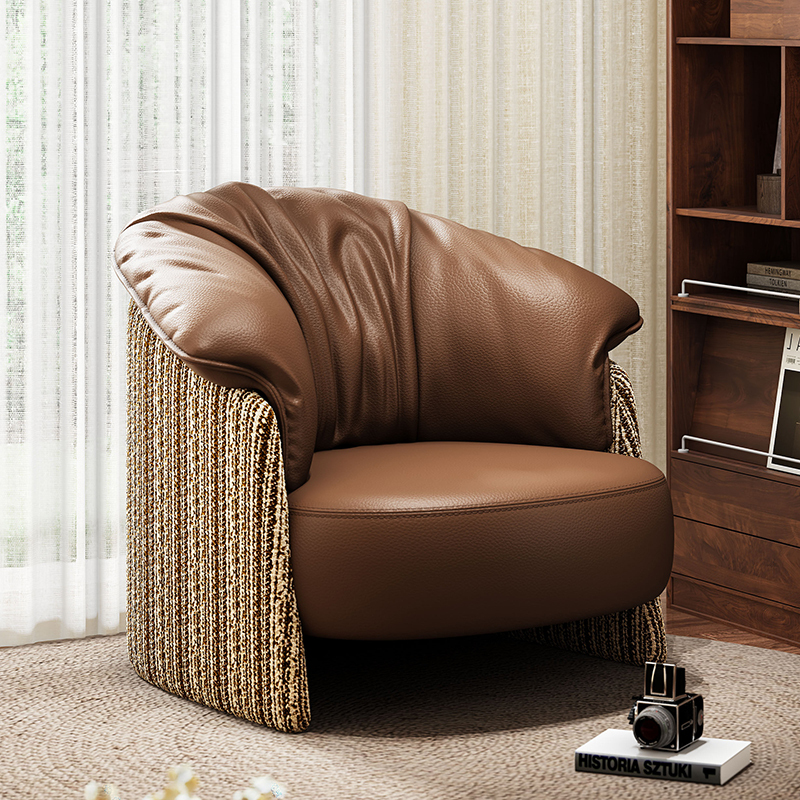 Italian-Style Pleated Leather Single Sofa, Vintage Mid-Century Style Armrest Lounge Chair, Living Room Balcony Designer Lazy Chair