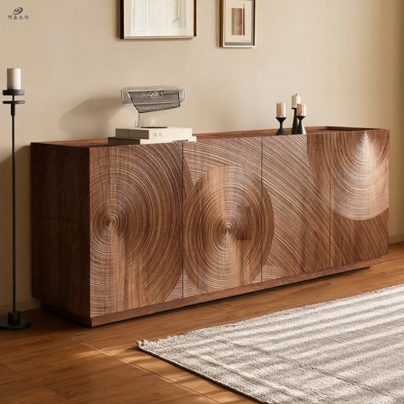 North American Black Walnut Solid Wood Sideboard Italian Light Luxury Art Carving Living Room Wall-Mounted Entryway Side Cabinet Storage Cabinet