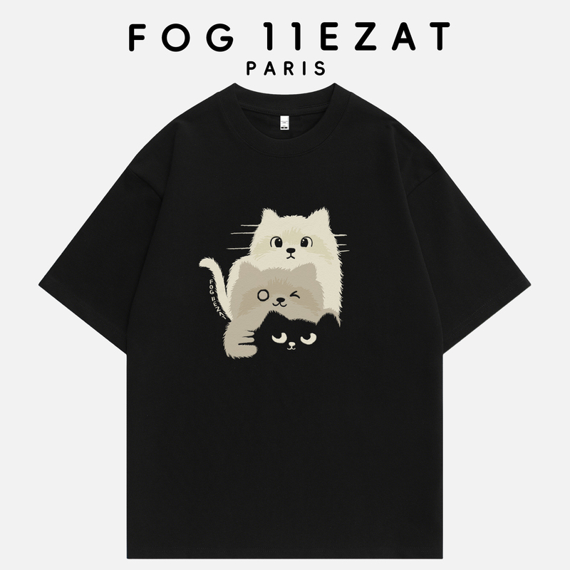 Fog 11Ezat Co-Branded Trendy Brand 2026 Short-Sleeved T-Shirt with Cat Pattern Loose Round Neck Top for Men and Women