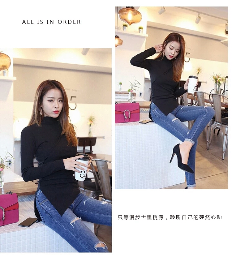 Áo dài tay bất thường thu đông 2018 mới tự canh tác đa năng cổ cao chạm đáy áo sơ mi đen quần áo thủy triều áo phông trắng