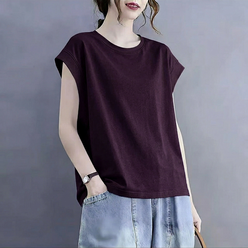 Pure Cotton Plus-Size Versatile Flutter-Sleeve T-Shirt for Women, New Summer Style, Loose Fit, Tummy-Covering, Stylish, Simple Sleeveless Top for Plus-Size Women Pure Cotton Plus-Size Versatile Flutter-Sleeve T-Shirt for Women, New Summer Style, Loose Fit, Tummy-Covering, Stylish, Simple Sleeveless Top for Plus-Size Women