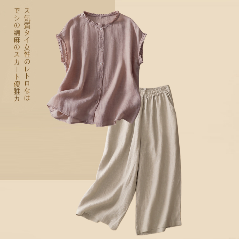 Summer Cotton and Linen Short Style Elegant Thin Linen Loose Wide-Leg Pants Three-Quarter Length Two-Piece Set for Middle-Aged Mothers Summer Cotton and Linen Short Style Elegant Thin Linen Loose Wide-Leg Pants Three-Quarter Length Two-Piece Set for Middle-Aged Mothers