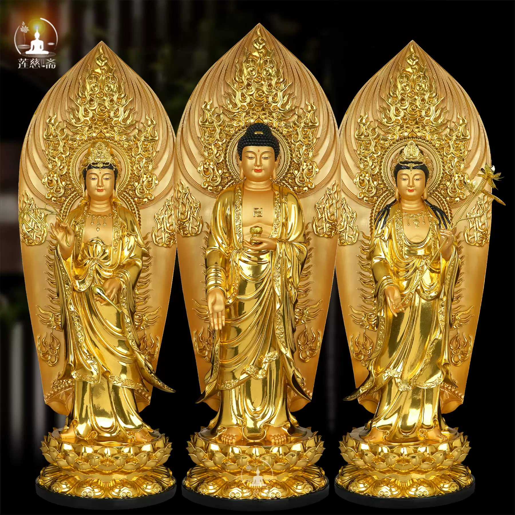 西方三圣佛像阿弥陀佛观世音菩萨大势至菩萨站像家用供奉贴金