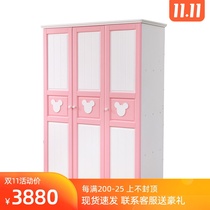 Childrens wardrobe Solid wood girl princess pink three-door integral wardrobe cabinet two-door push-pull storage wardrobe locker