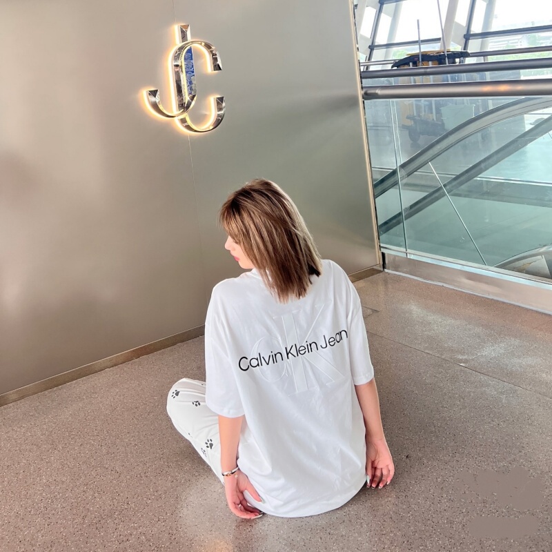Summer New Ck Short-Sleeved Pure Cotton Round-Neck T-Shirt with Embossed Large Logo on the Back, Loose Fit, Unisex Style