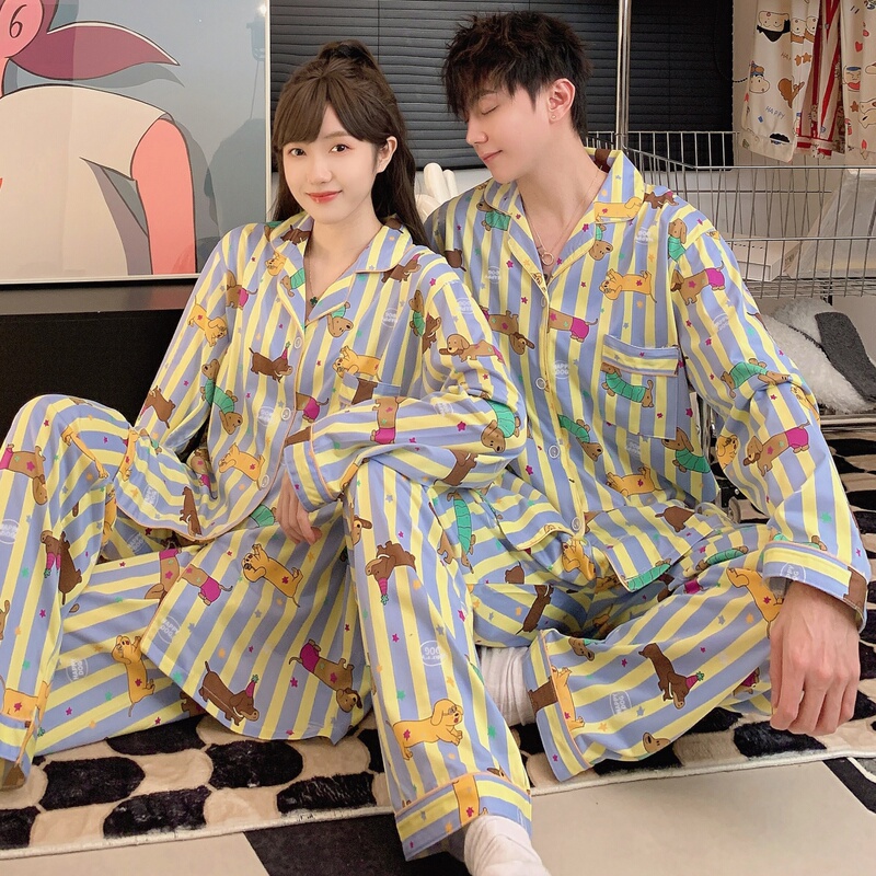 Spring and Autumn Couple Pajamas Men's Long-Sleeved Set Pure Cotton Plus Size Extra Large Size 150kg Large Cartoon Women's Loungewear