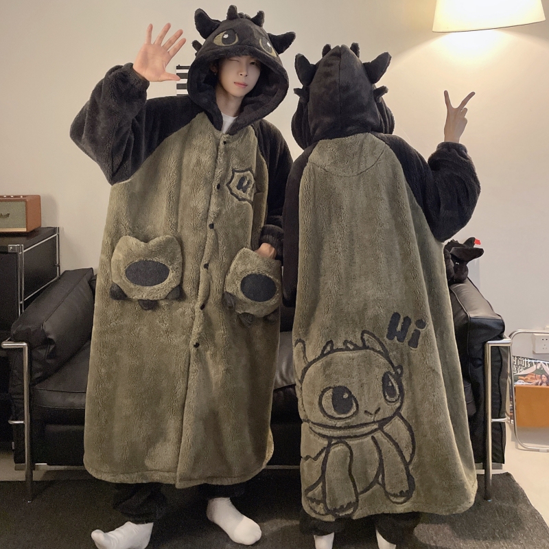 Autumn and Winter Hooded Pajamas for Couples, Cute Cartoon Coral Velvet Large Size 100kg Long Pajamas Set That Can Be Worn Outside
