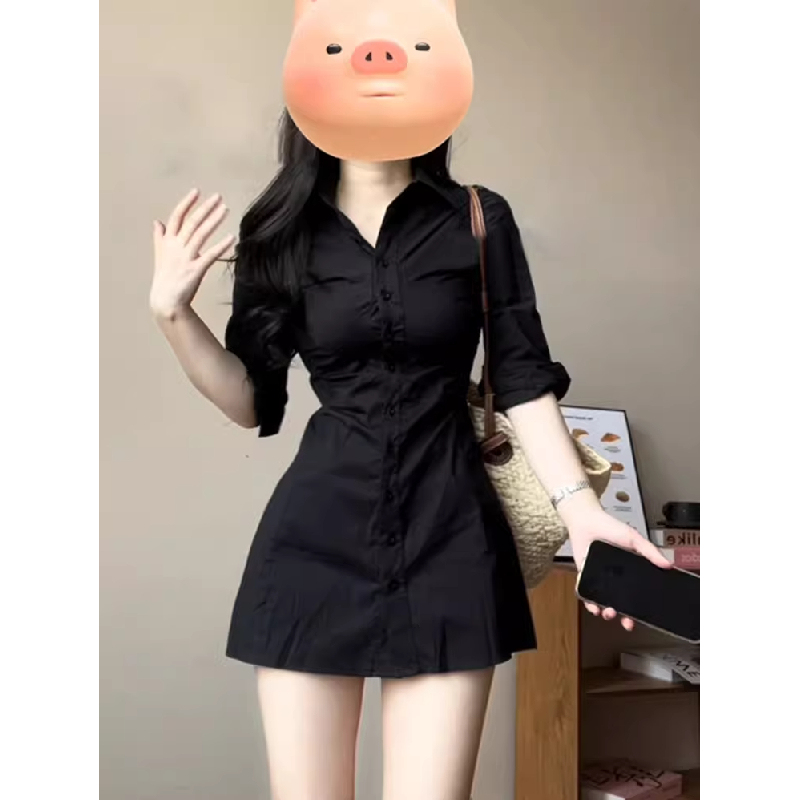 French-Style Polo Shirt Dress for Women, Summer Waist-Cinching Slim-Fit Little Black Dress, Mid-Length Shirt Dress French-Style Polo Shirt Dress for Women, Summer Waist-Cinching Slim-Fit Little Black Dress, Mid-Length Shirt Dress