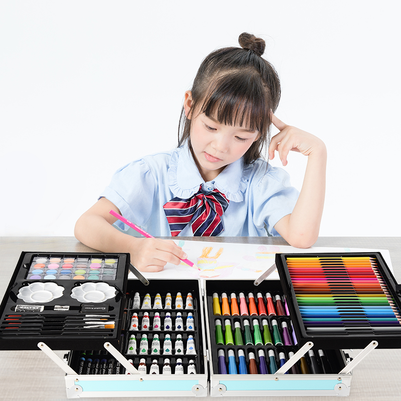 145 Double - layer aluminum box children's painting pen suit students watercolor brush painting bar fine art tool pigment gift box