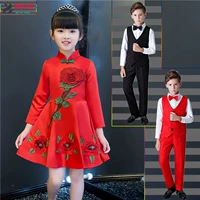 Đầm công chúa thiếu nhi ăn mặc đọc thơ hợp xướng phong cách Trung Quốc đỏ dài tay cô gái guzheng trang phục váy bale múa cho bé