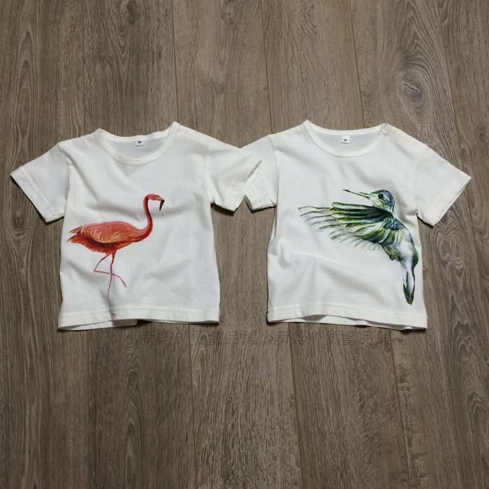 Foreign trade export organic cotton cute animal flamingos / female baby - bird pattern, short - sleeve T - shirt