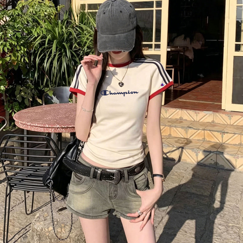 Japanese-Style Champion Embroidery Summer Crew Neck Sports Short-Sleeve T-Shirt for Women, Summer Petite Two-Stripe Slim Fit Top