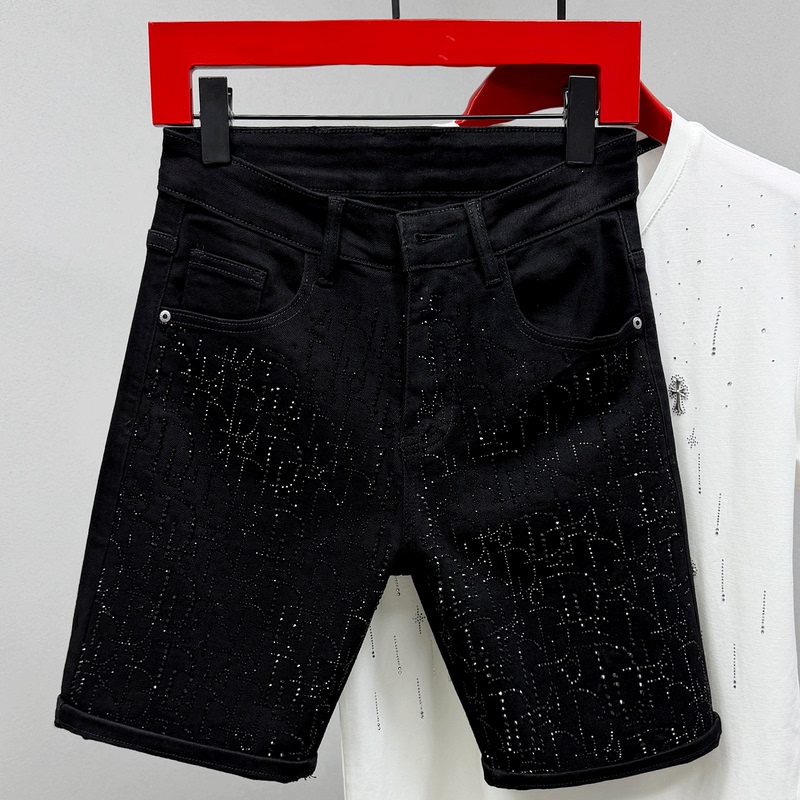 Black Trendy Brand Star-Studded Rhinestone Five-Point Denim Shorts for Men, European Style, High-End, Slim Fit, Thin, Stretchy Mid-Length Pants