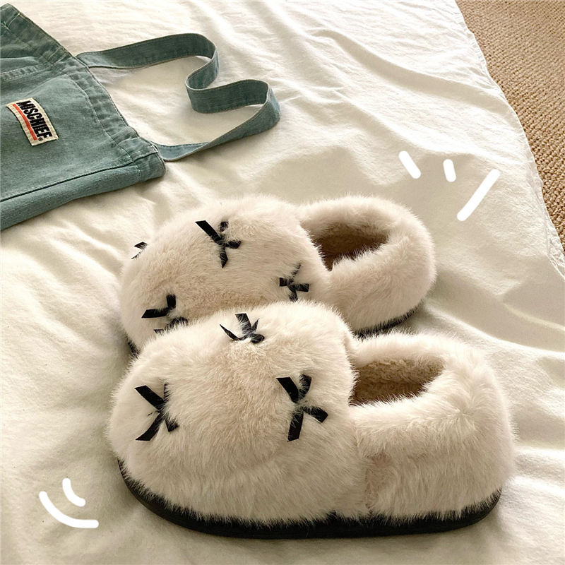 Fluffy Cat-Like Feel~! Exquisite Bowknot ins Pack Heel-Covered Cotton Shoes for Women, Winter Thick-Soled Home Furry Cotton Slippers, Trendy