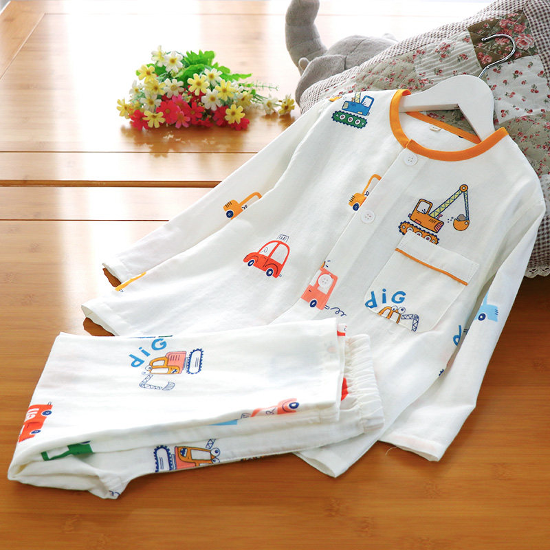 Digger boy without lead pyjamas spring summer full cotton double layer gauze soft and breathable long sleeve long pants cardiovert