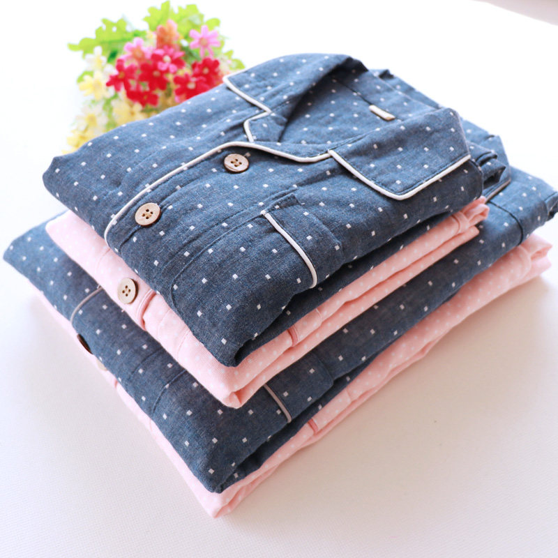 Spring and summer all cotton family pajamas soft breathable shuttle double - deck yarn classic wavepoint thin home clothing