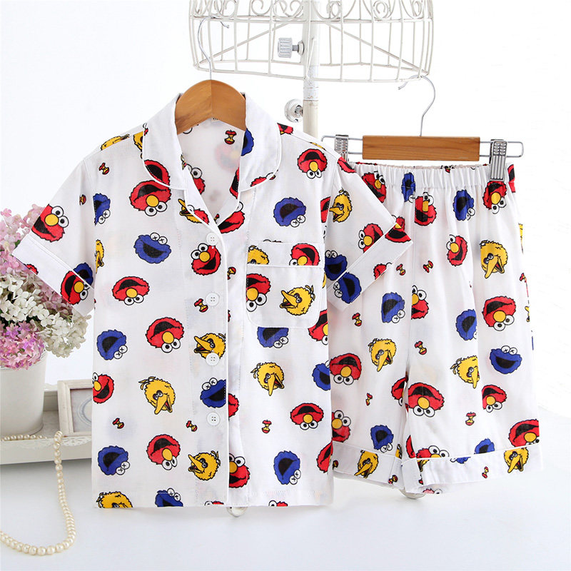 Summer thin children's pajamas short-sleeved shorts suit cartoon Sesame Street cotton gauze boys and girls home clothes