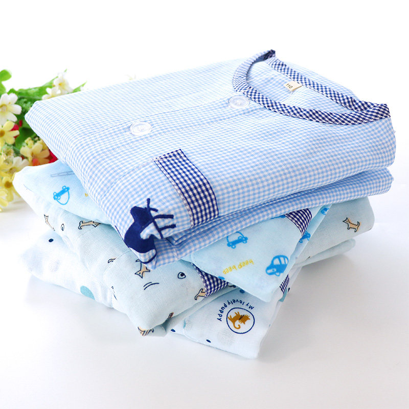 Spring Summer Thin Section Pure Cotton Children Sleeping Clothes Boy No Collar Freshener Home Clothes Soft And Breathable Woven Cotton Double Layer Gauze