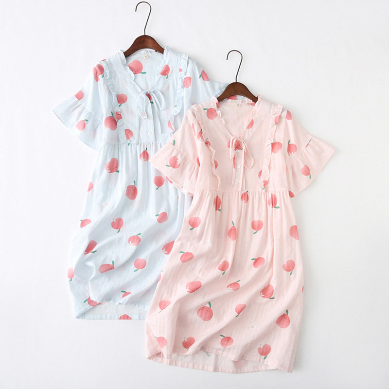 Cute spring summer thin section pure cotton double layer gauze flower honey peach short sleeve sleeping dress day department sweet and young girl wind home middress