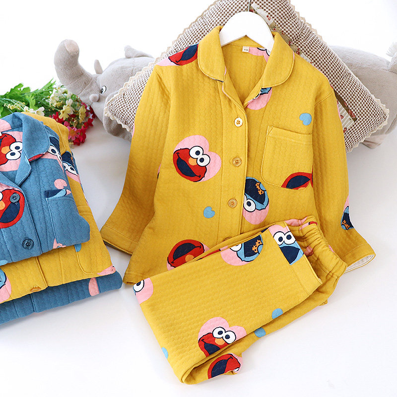 Autumn and winter air layer family parent-child pajamas Men's and women's children's cartoon home clothes Lapel cardigan long sleeve trousers suit
