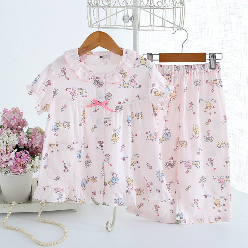 Short sleeves Seven Pants Summer Thin style pure cotton double layer gauze Sleeping girl's Home Suit Cute Cartoon Sweat and breathable