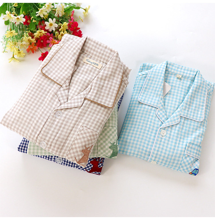 Spring and summer boys short-sleeved long-sleeved trousers pajamas Cotton gauze Children's fresh plaid soft home clothes
