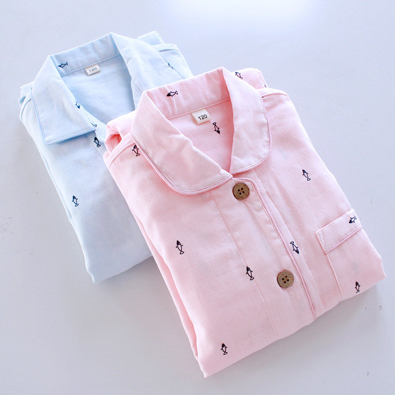 Spring and Autumn thin cotton small fish double layer gauze boys and girls' long sleeve pants pajamas suit for parent-child home clothes