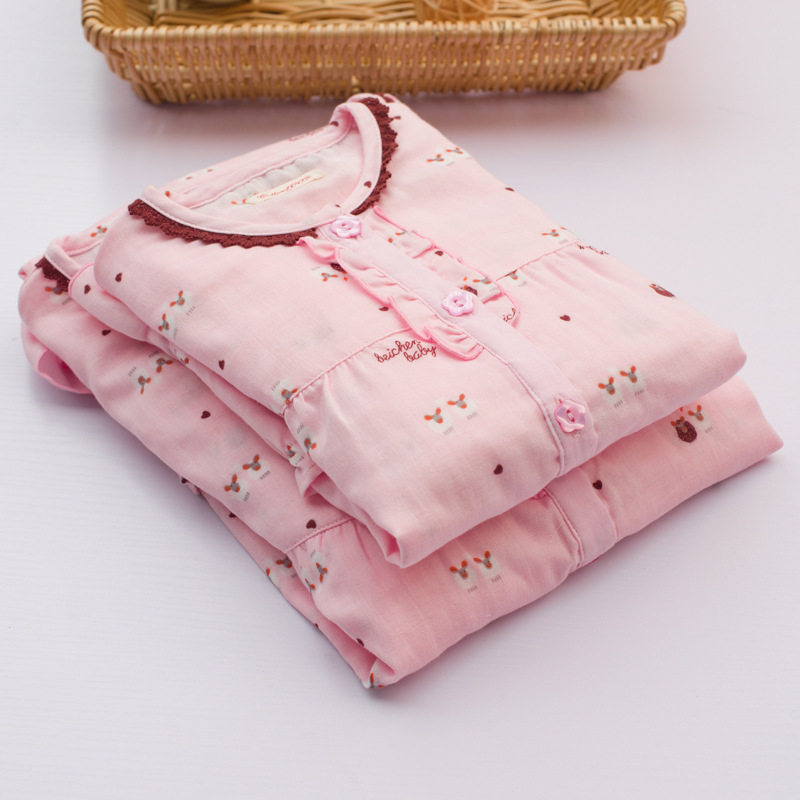 Spring and summer cotton children's pajamas Mother and daughter parent-child long-sleeved home clothes soft and breathable double-layer yarn cartoon lady