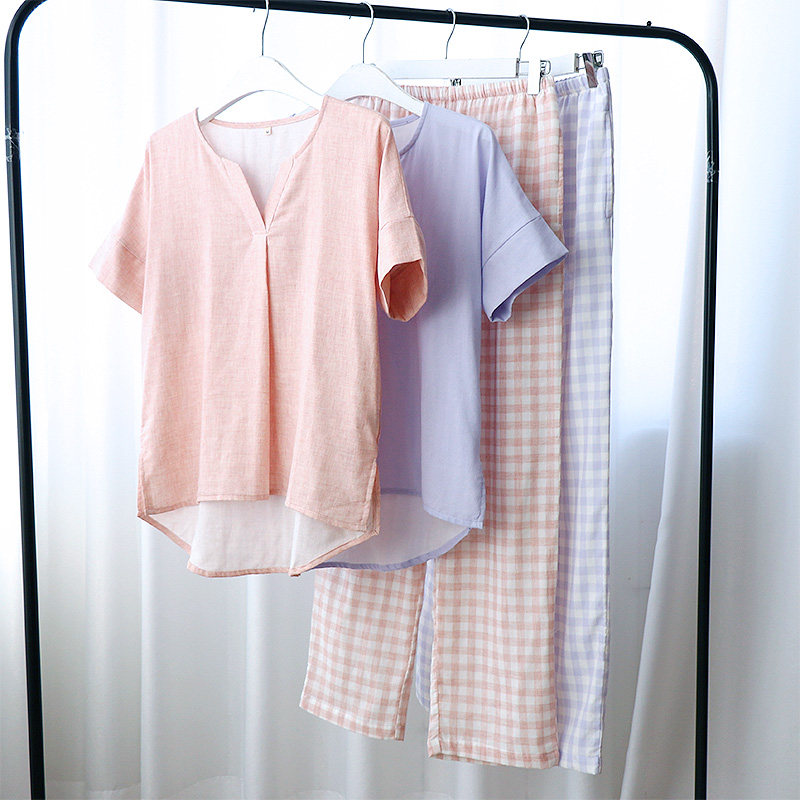 Summer short sleeves Couple head sleepwear pants with pockets soft and breathable full cotton double layer gauze frescoed home