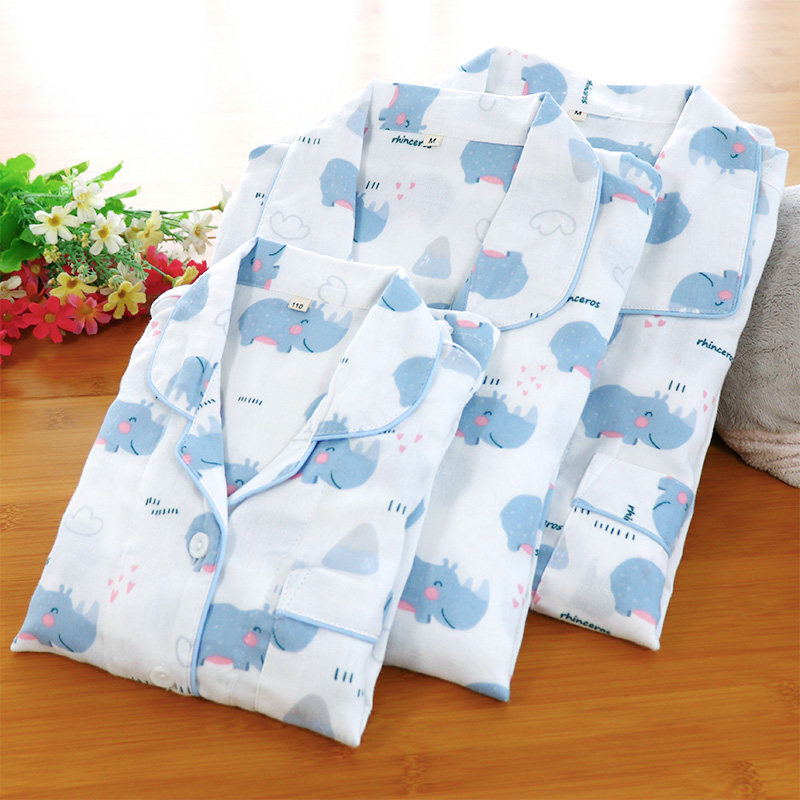Rhino Spring Summer Thin family parent-child sleepwear long sleeve long pants suit pure cotton double layer gauze cardiovert clothing