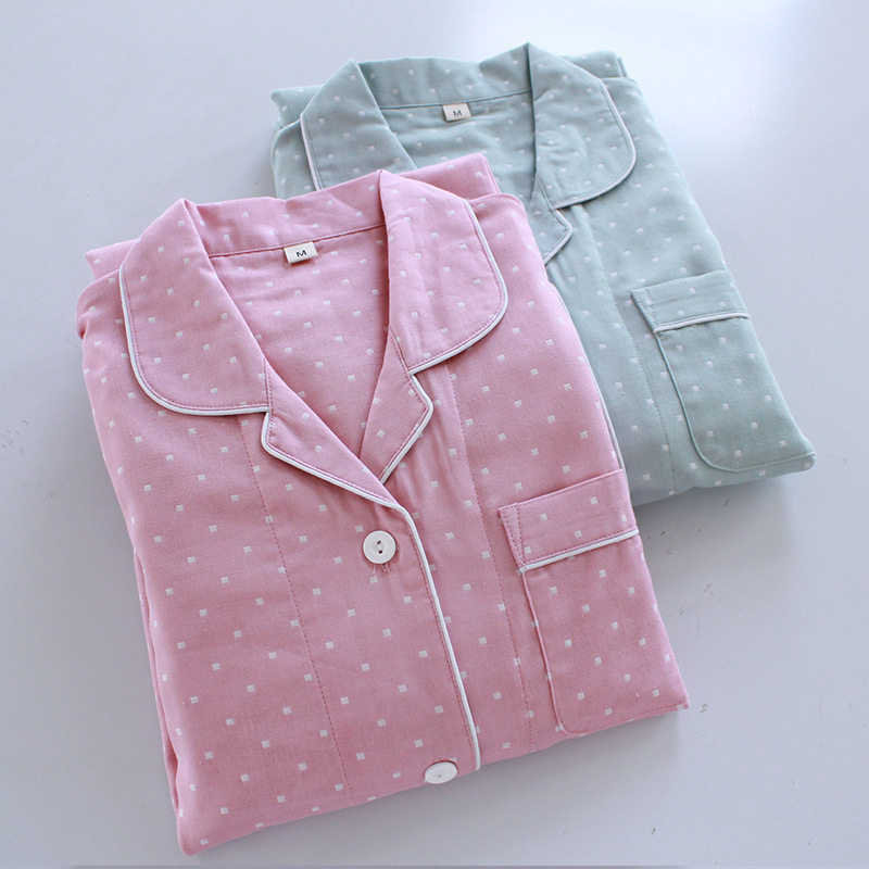 Late spring Summer early autumn Cotton double gauze thin men's and women's couple pajamas Simple polka dot long-sleeved trousers suit