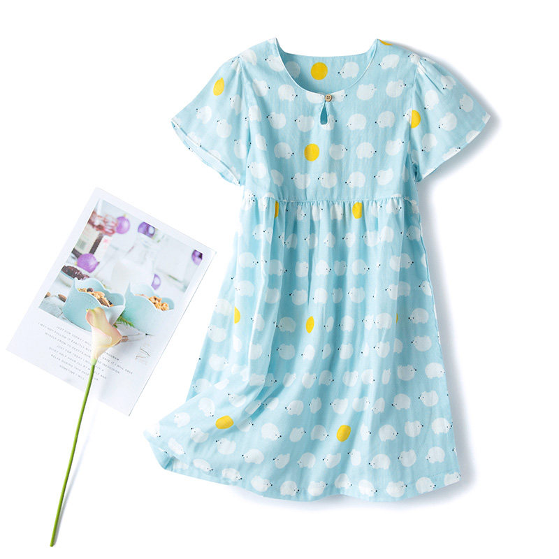 Summer parent-child thin section girls short-sleeved nightdress ladies short-sleeved cropped trousers pullover home clothes cotton double-layer gauze