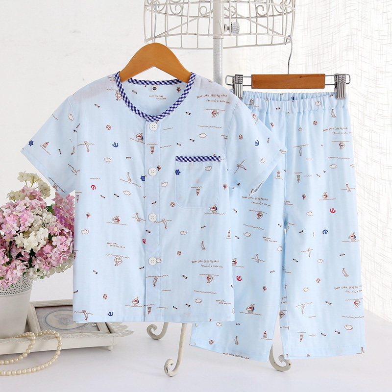 Summer Thin boy Cartoon Pyjamas short sleeves Seven Pants Suit All Cotton Double Layer Gauze Suction sweat Children's home clothes