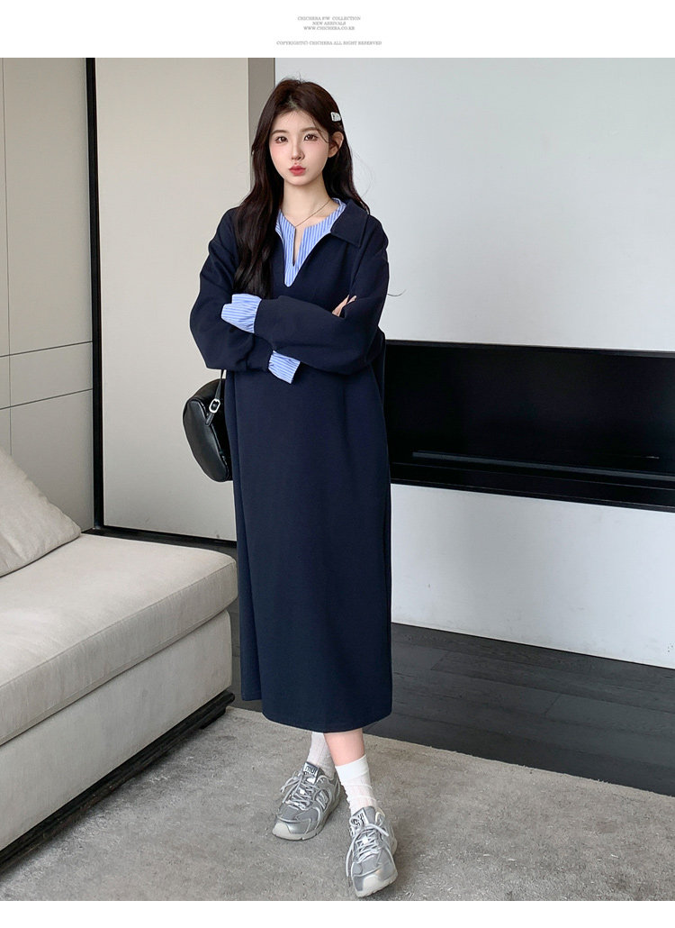 孕妇连衣裙2026秋装高级感孕期不显怀条纹拼接假两件翻领上班裙子 — 13