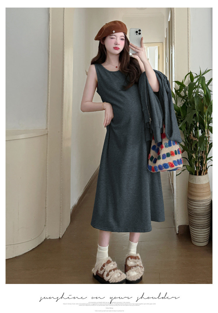 Maternity Suit Autumn Outfit 2026 New Style Loose Slimming Tank Dress Hooded Cardigan High-End Two-Piece Set for Pregnant Mothers — 8