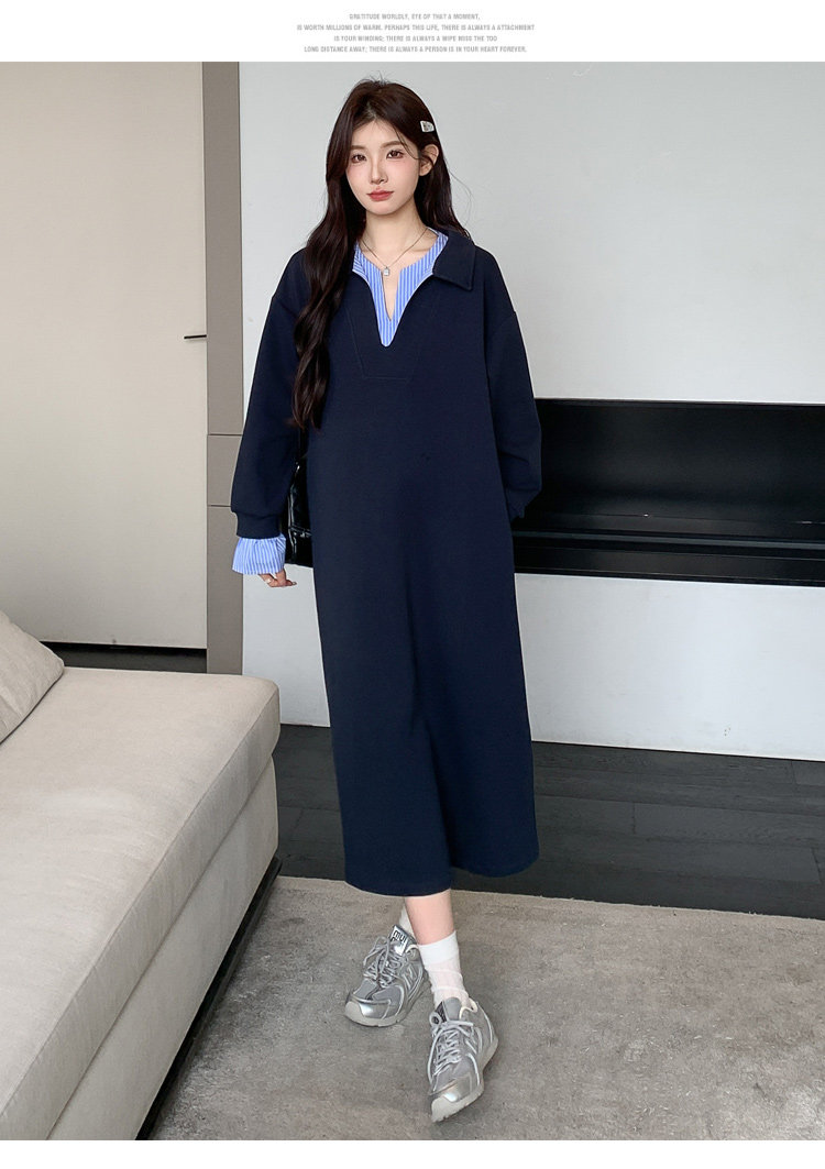 孕妇连衣裙2026秋装高级感孕期不显怀条纹拼接假两件翻领上班裙子 — 19
