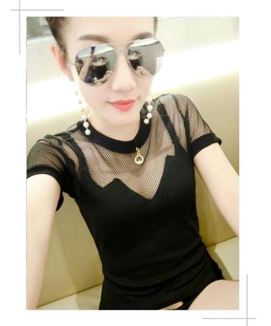 Mesh elastic cotton stitching short-sleeved T-shirt V-neck 2023 new style leaky shoulder top all-match mesh sexy bottoming shirt for women