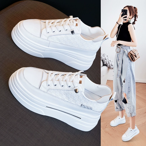 Высокая белая обувь, универсальные кроссовки на платформе, повседневная обувь, из натуральной кожи