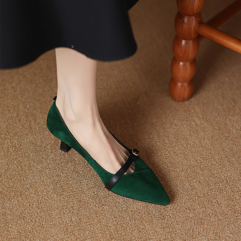 Women's Green Suede Genuine Leather Shoes 2026 New Pointed Toe 5cm Low Heel High Heels Spring and Autumn Stiletto Women's Shoes