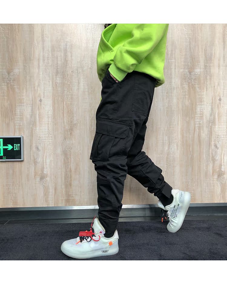 Phong cách Hồng Kông hiphop Mỹ overalls nam và nữ lỏng lẻo bf thẳng quần quần đường phố Harlan túi quần hip hop quần thể thao nam