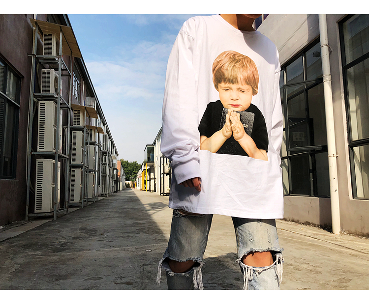 Châu Âu và Hoa Kỳ đường phố hip-hop đường dài oversize đoạn dài chạm đáy áo sơ mi nam và nữ áo thun dài tay cổ tròn BF áo thun đen nam