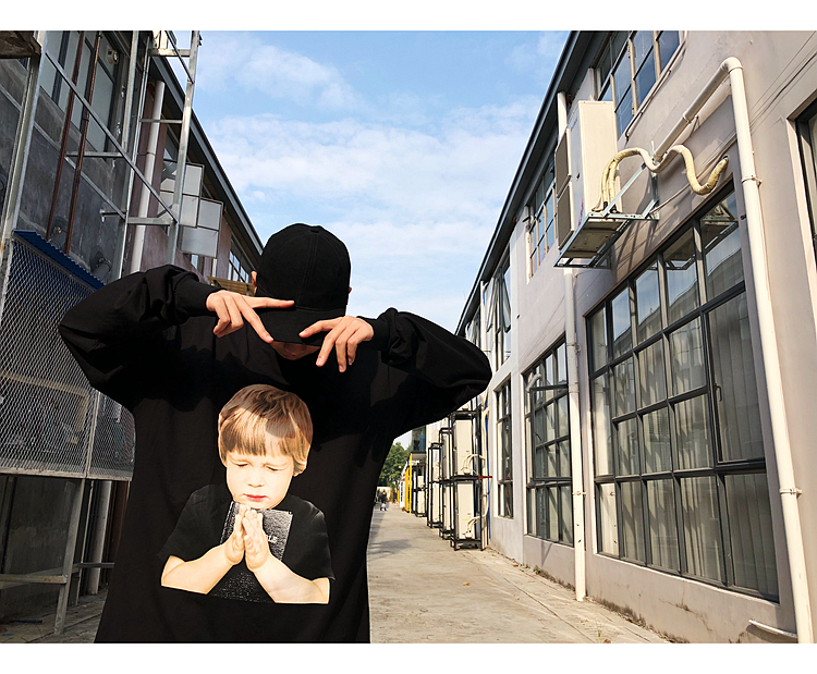 Châu Âu và Hoa Kỳ đường phố hip-hop đường dài oversize đoạn dài chạm đáy áo sơ mi nam và nữ áo thun dài tay cổ tròn BF áo thun đen nam
