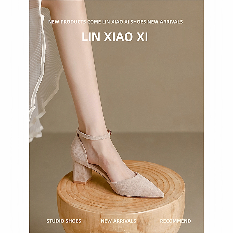 Nude Color One-Strap High Heels for Women, 2026 Spring and Summer New Style, Medium Heel, Chunky Heel, Pointed Toe, French Style Elegant Single Shoes for Summer